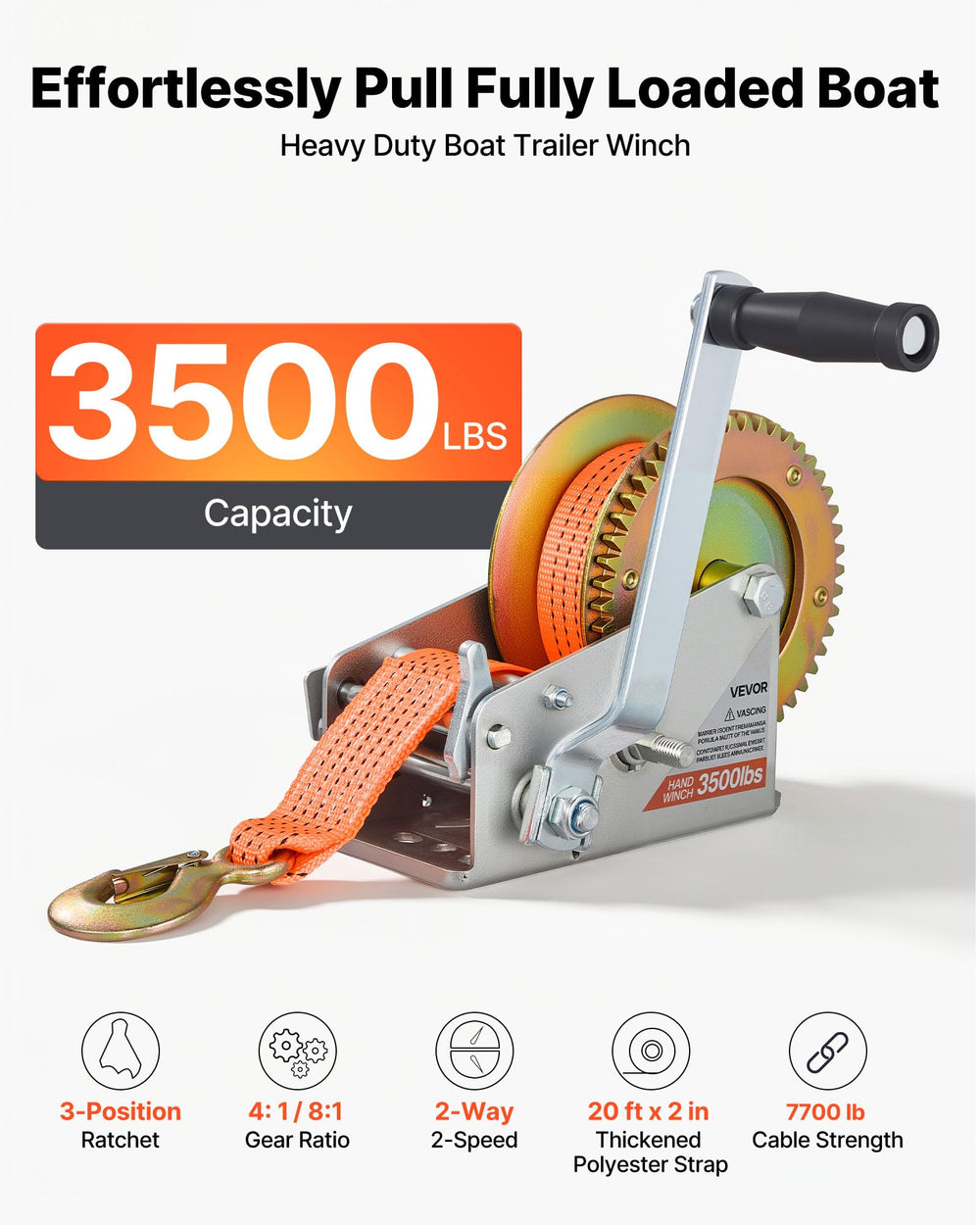 VEVOR side profile of winch highlighting crank and compact footprint benefit