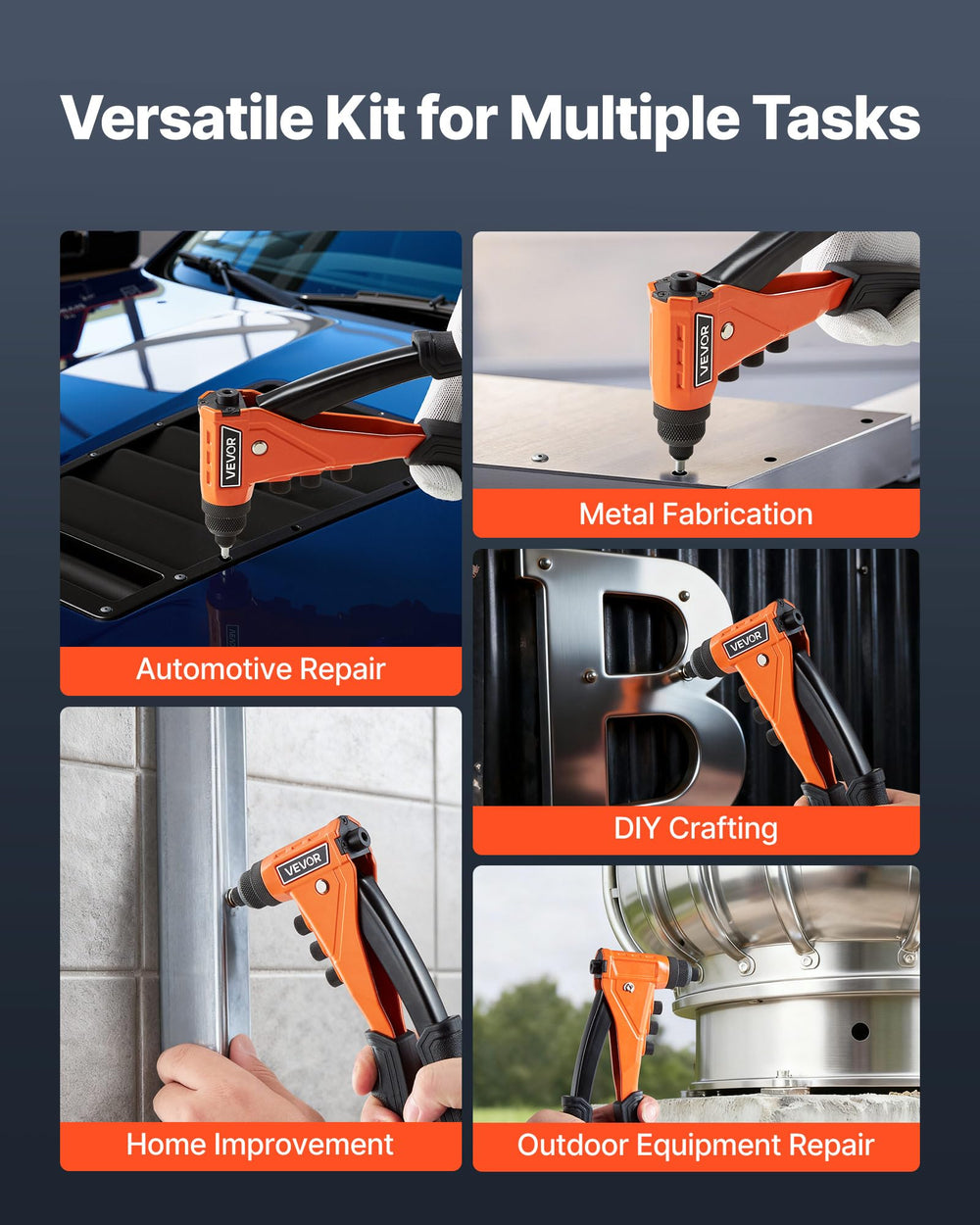 VEVOR open carrying case with organized rivets, bits, and rivet gun for portability