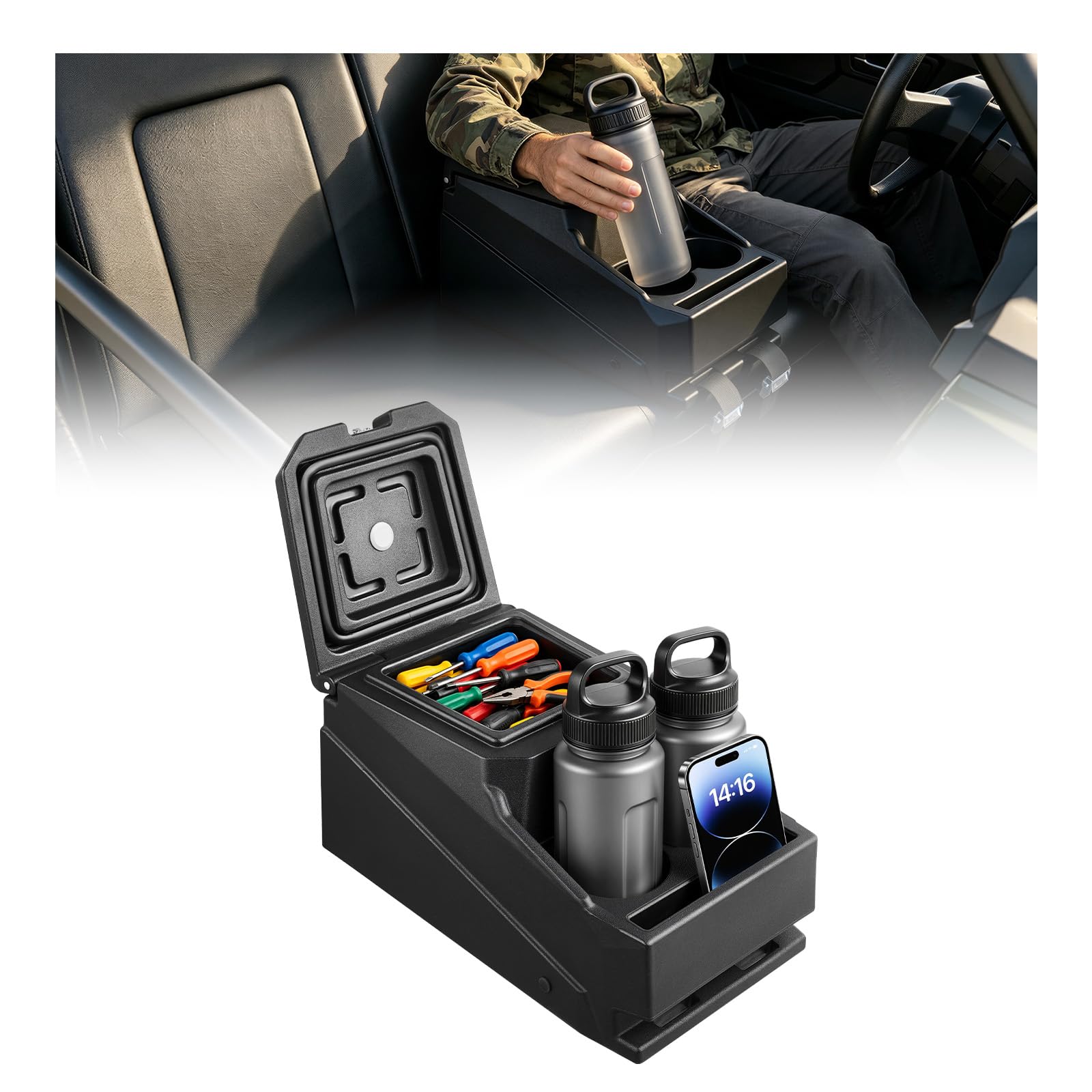 VEVOR center console front view showing organized storage benefits