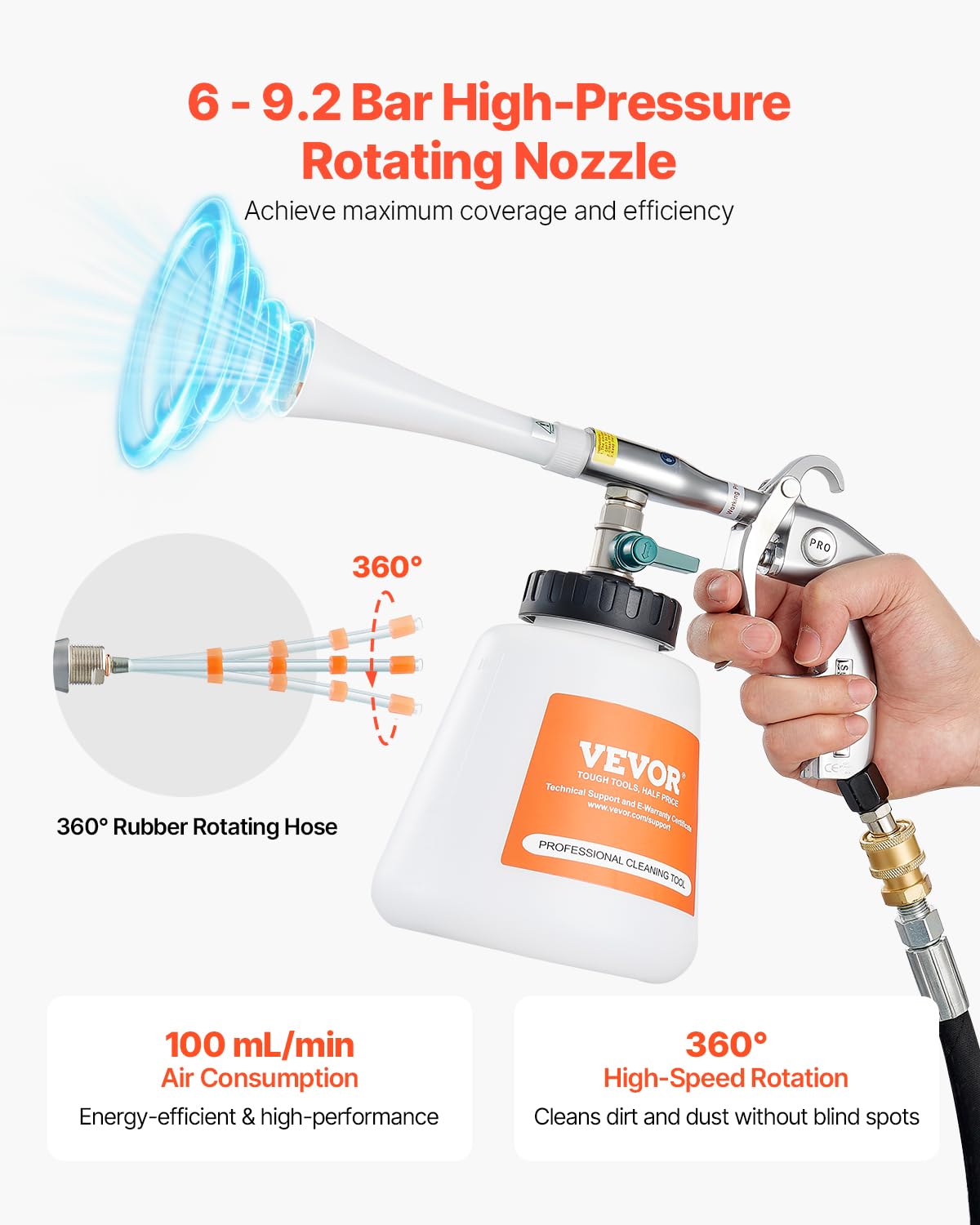 VEVOR rotating nozzle close-up for full-angle reach and precise cleaning