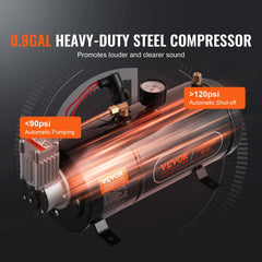 VEVOR compressor profile showing compact 90–120 psi unit for reliable air