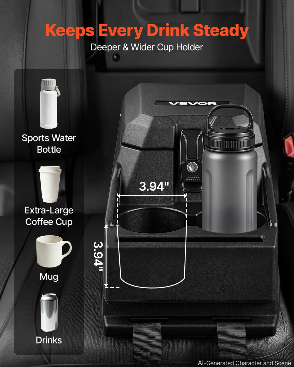 VEVOR console dual cup holders keeping drinks secure on trails