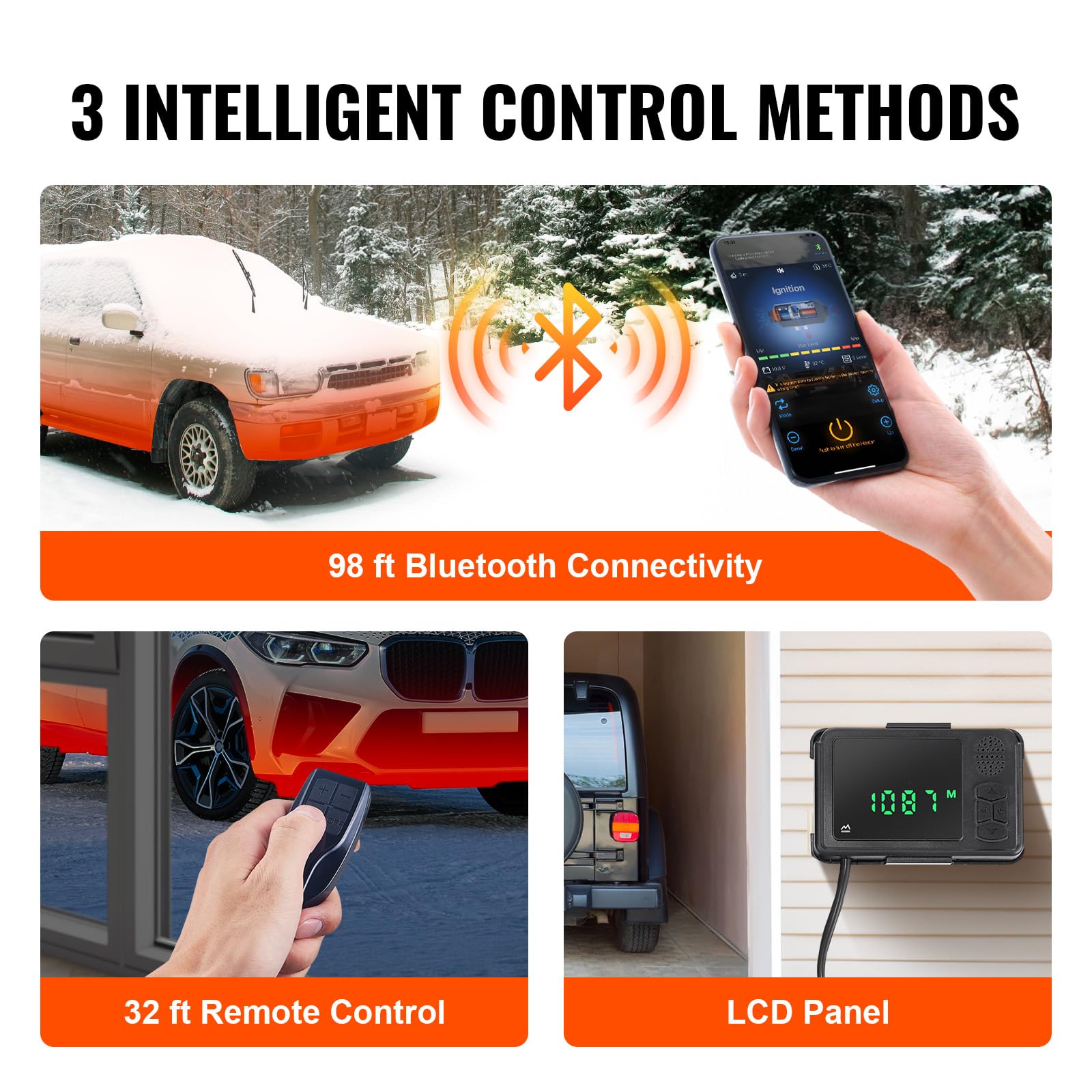 VEVOR smartphone app screen demonstrating Bluetooth control and remote preheating benefit