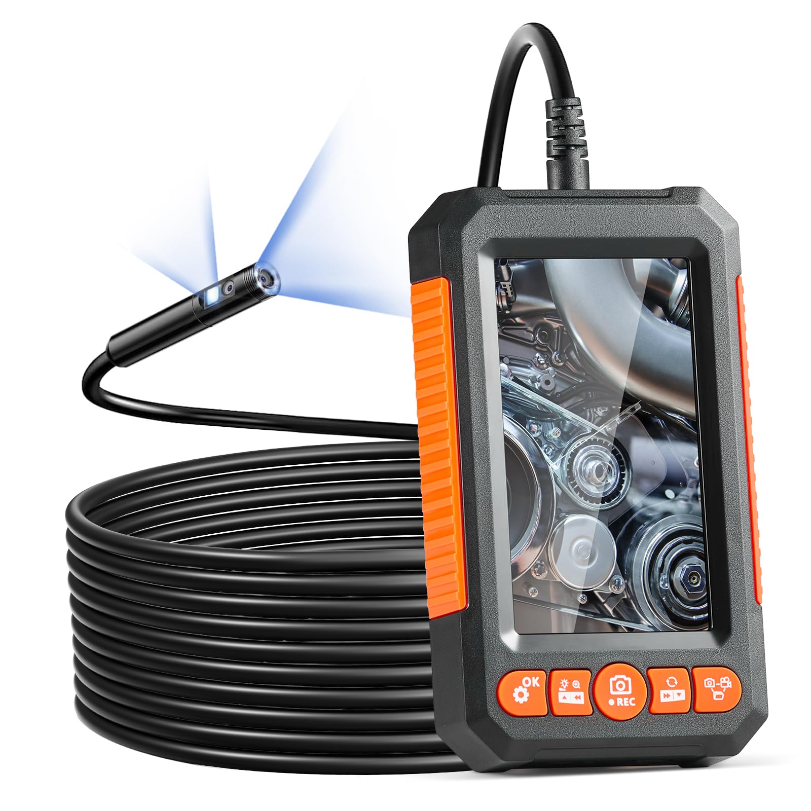 VEVOR product packaging showing dual-lens borescope and accessories, clear unboxing benefit