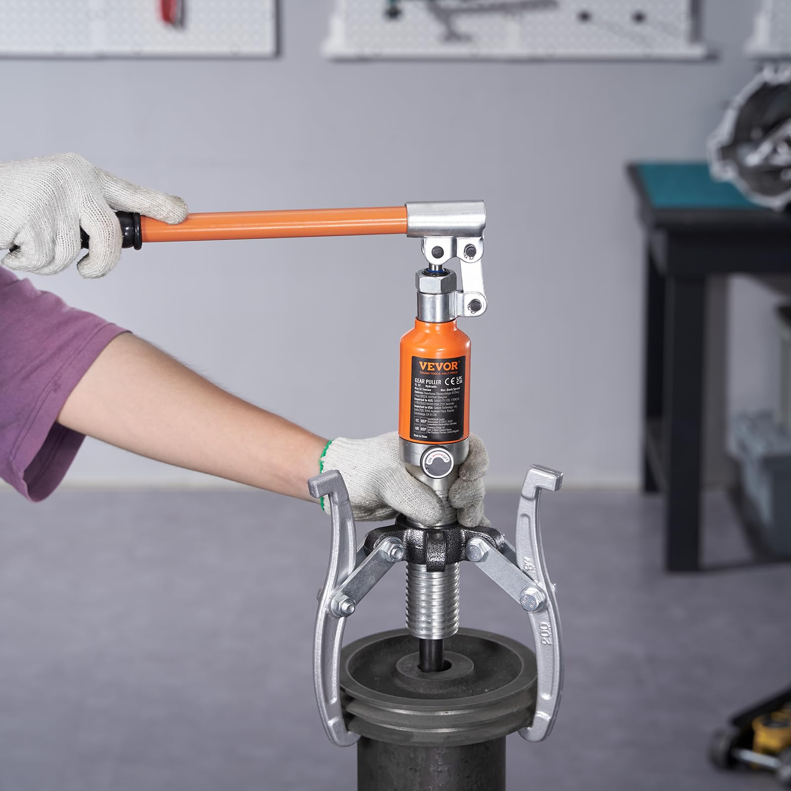 VEVOR extended handle and hydraulic ram illustrating easier leverage