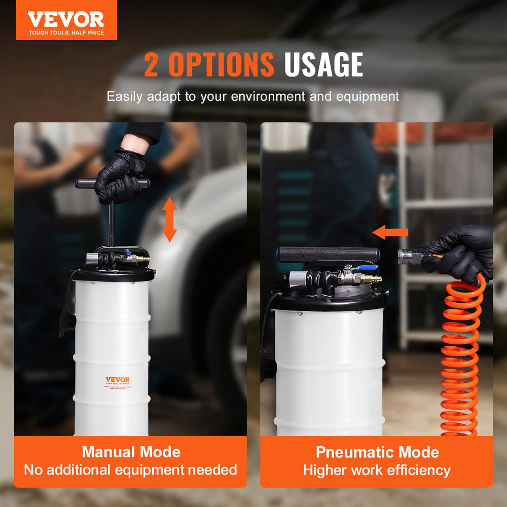 VEVOR closeup of 6.5L tank highlighting secure lid and spill protection