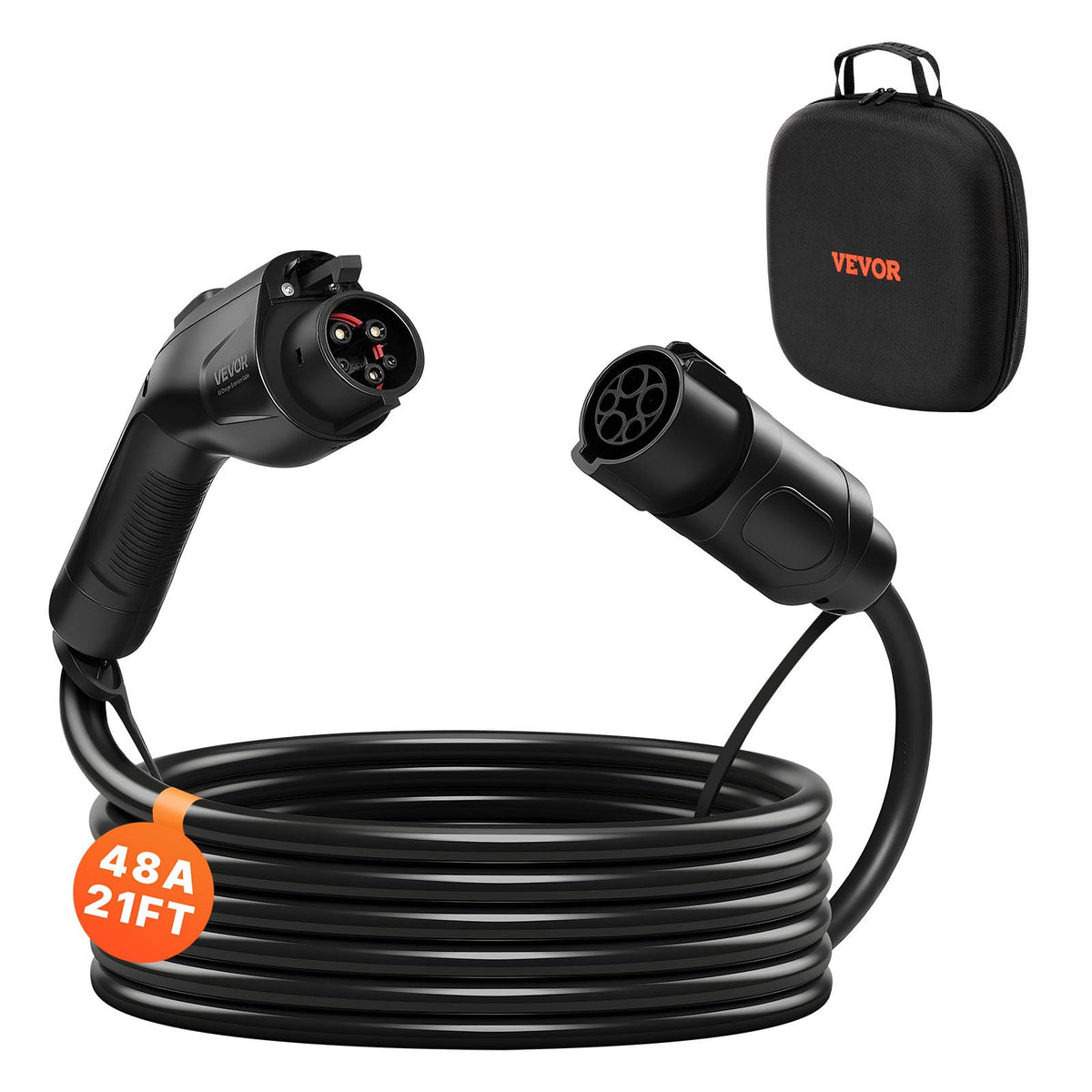 VEVOR front view plugged into J1772 port showing extended charging convenience
