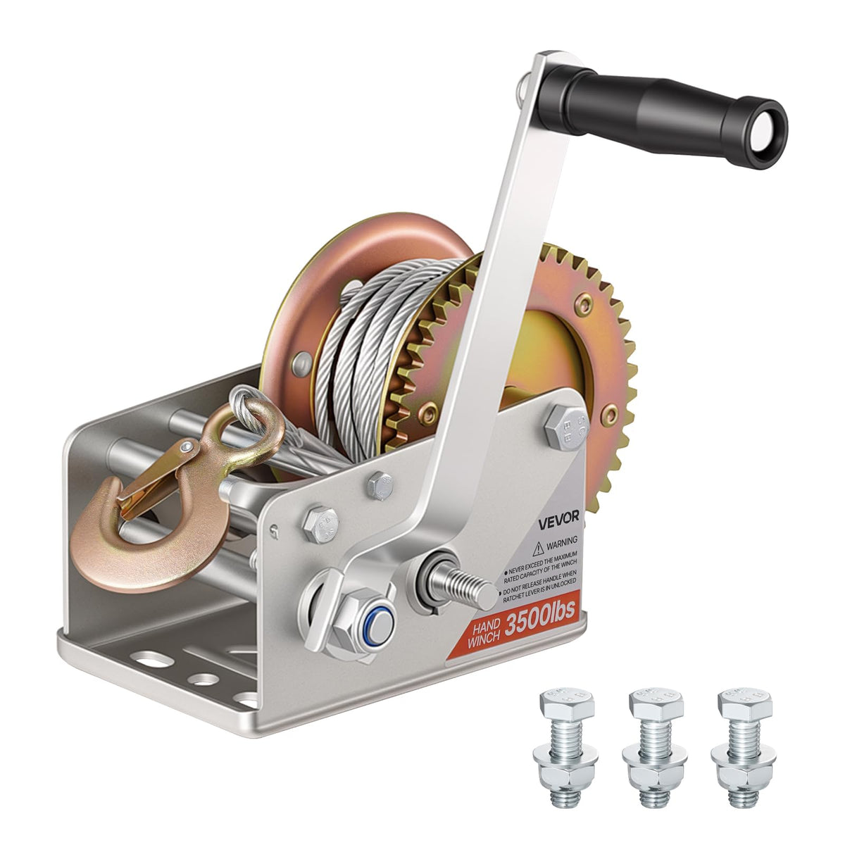 VEVOR front-mounted winch showing sturdy frame and secure mounting benefit