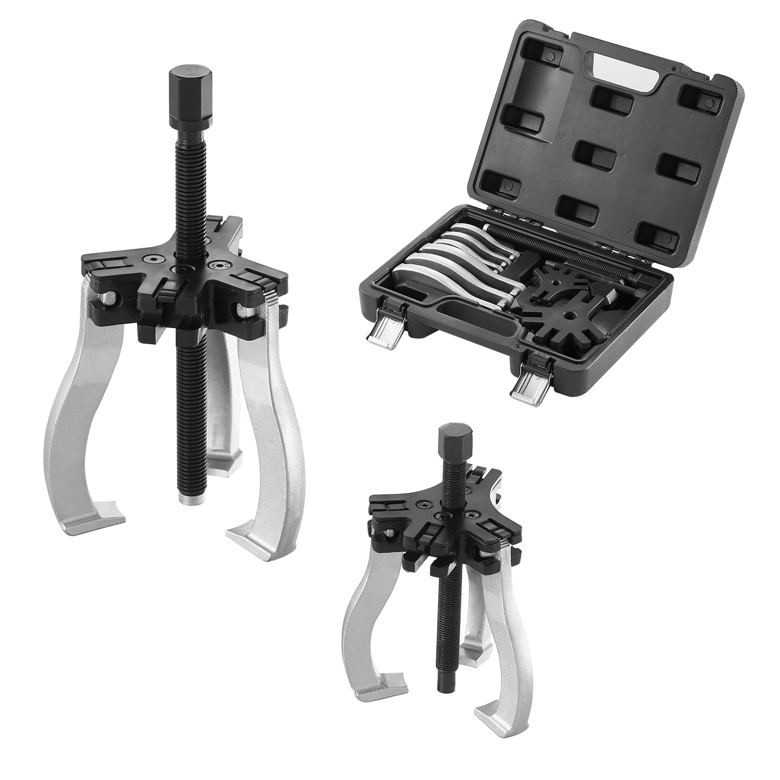 VEVOR gear puller front packaging showing both 3" and 7" units, clear kit overview and benefit