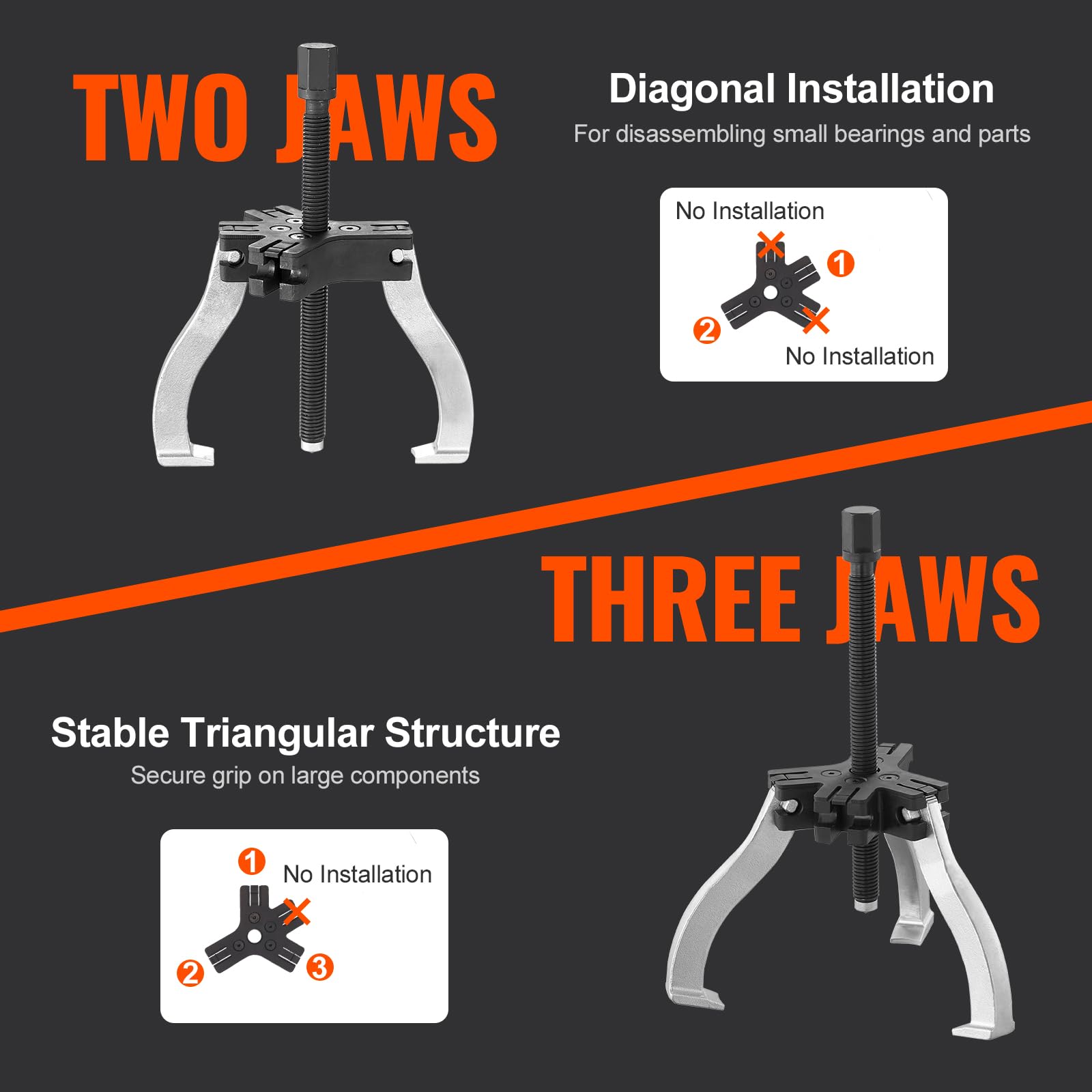 VEVOR gear puller hook detail showing finely processed claws for secure gripping and reduced slip