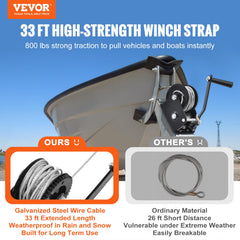 VEVOR hand winch close-up of 33 ft galvanized steel cable, long-lasting strength