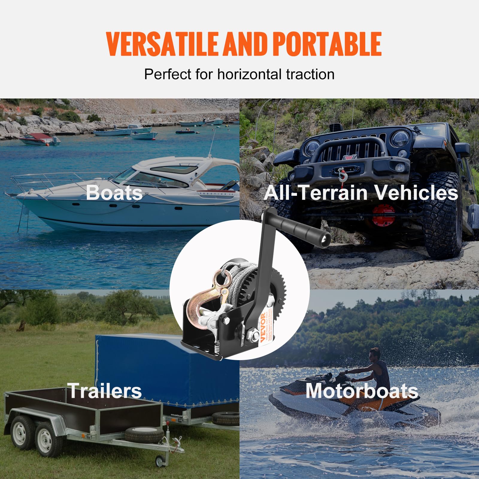 VEVOR hand winch mounted on trailer demonstrating easy installation