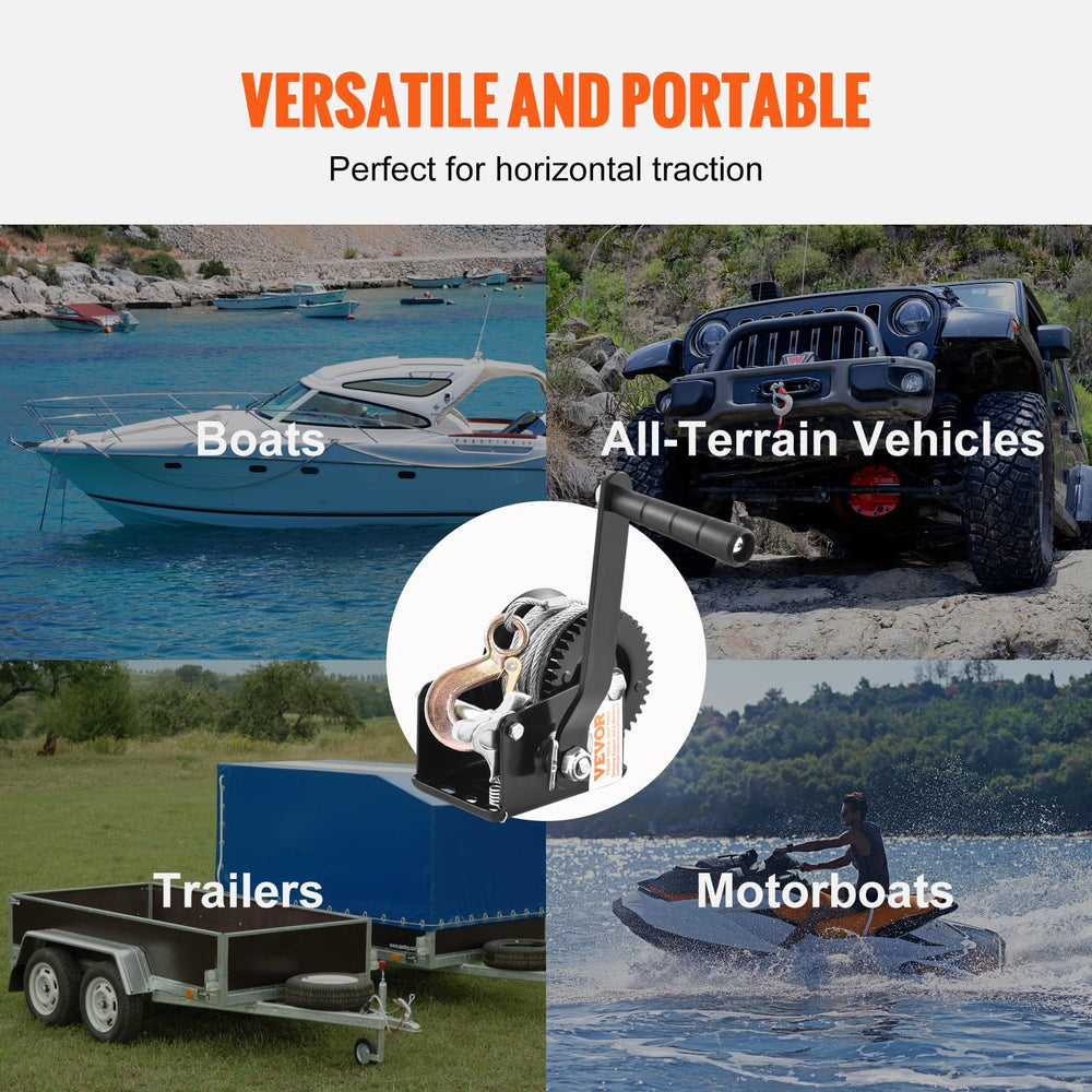 VEVOR hand winch mounted on trailer demonstrating easy installation