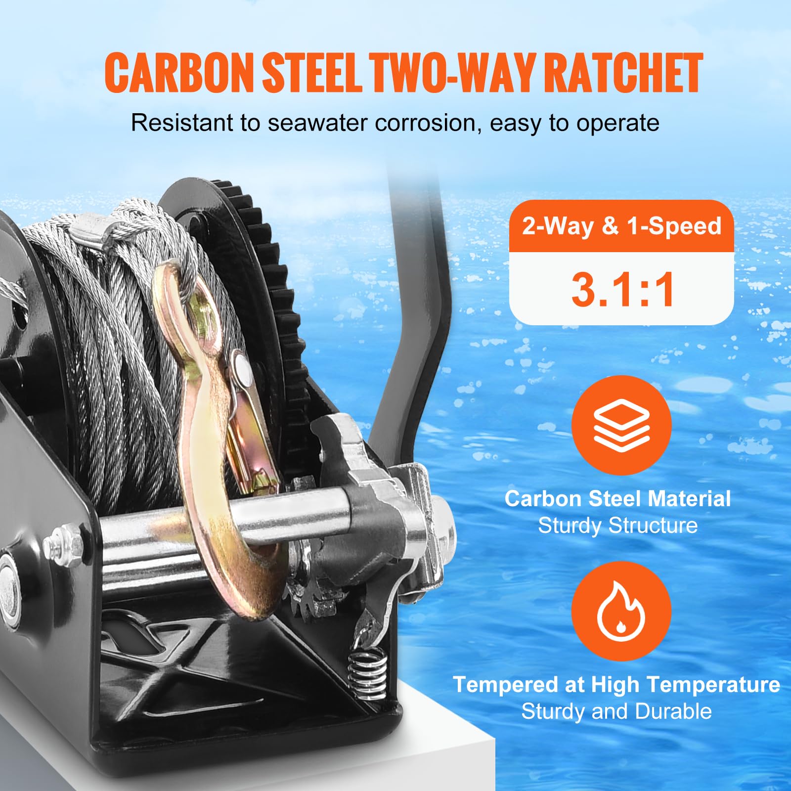 VEVOR hand winch ratchet detail showing hardened gears for reliable control