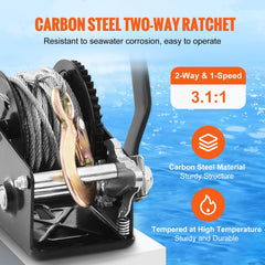 VEVOR hand winch ratchet detail showing hardened gears for reliable control