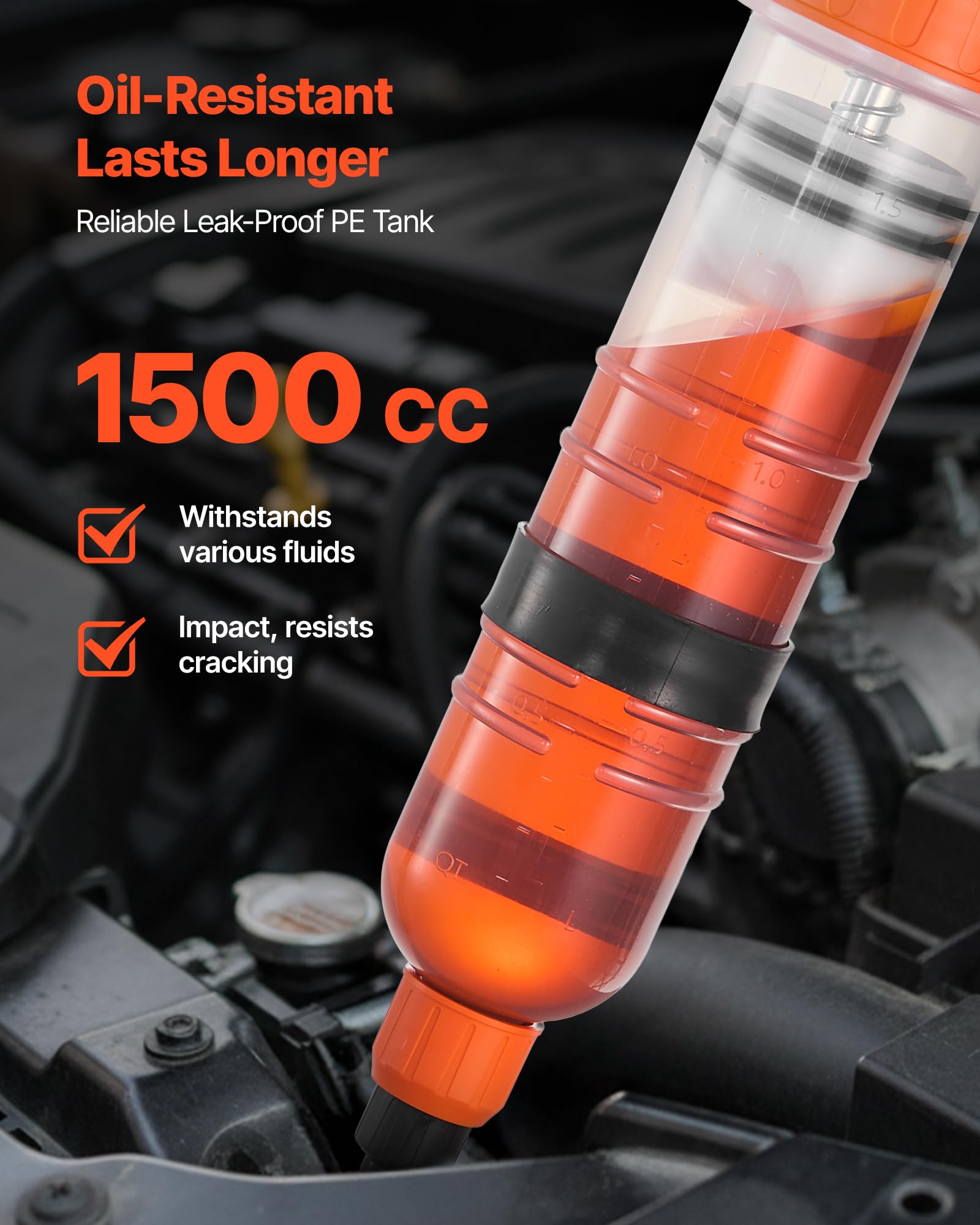 VEVOR in-use on a car engine, extracting oil cleanly and without spills