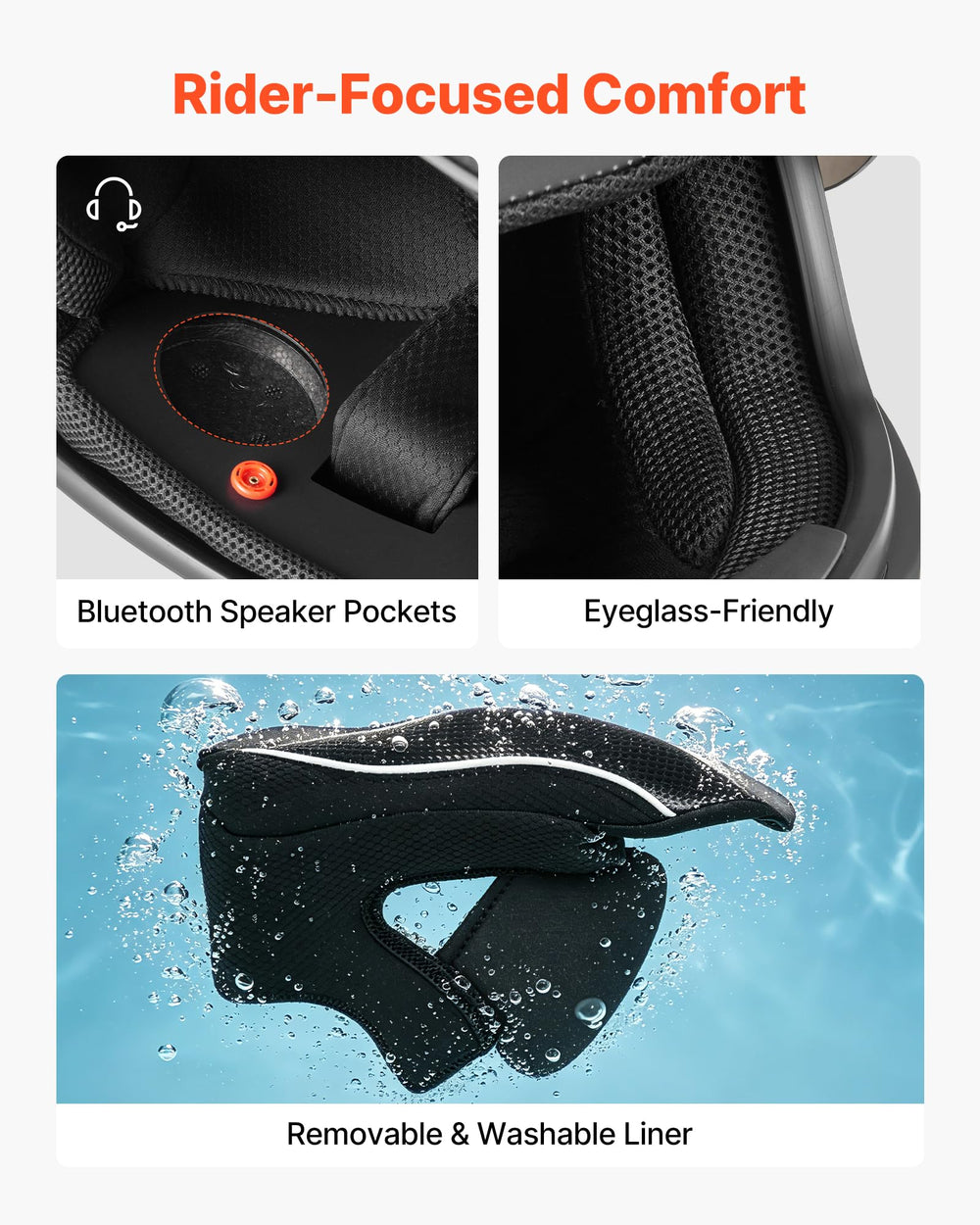 VEVOR helmet interior liner and cheek pads demonstrating washable comfort
