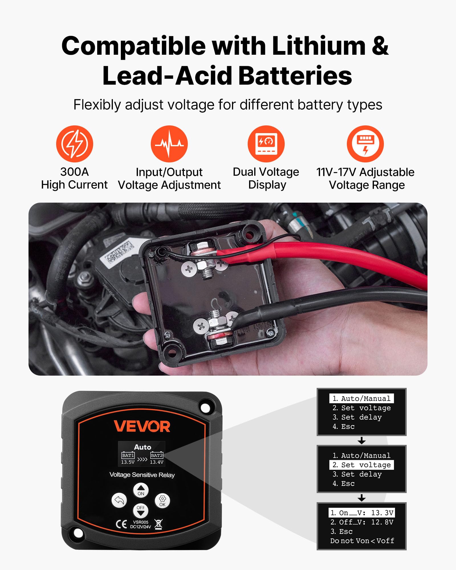 VEVOR LCD close-up showing dual battery voltages for immediate system monitoring