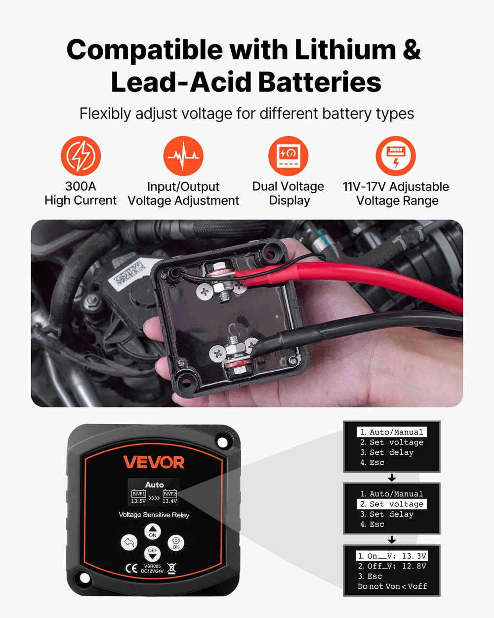 VEVOR LCD close-up showing dual battery voltages for immediate system monitoring