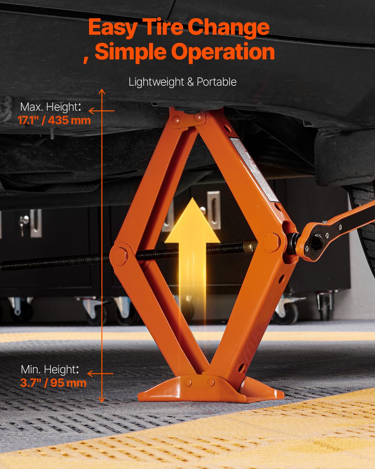 VEVOR jack fully extended demonstrating maximum 17.1-inch lift reach