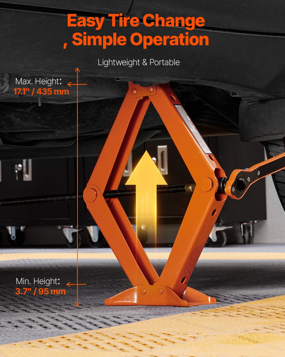 VEVOR jack fully extended demonstrating maximum 17.1-inch lift reach