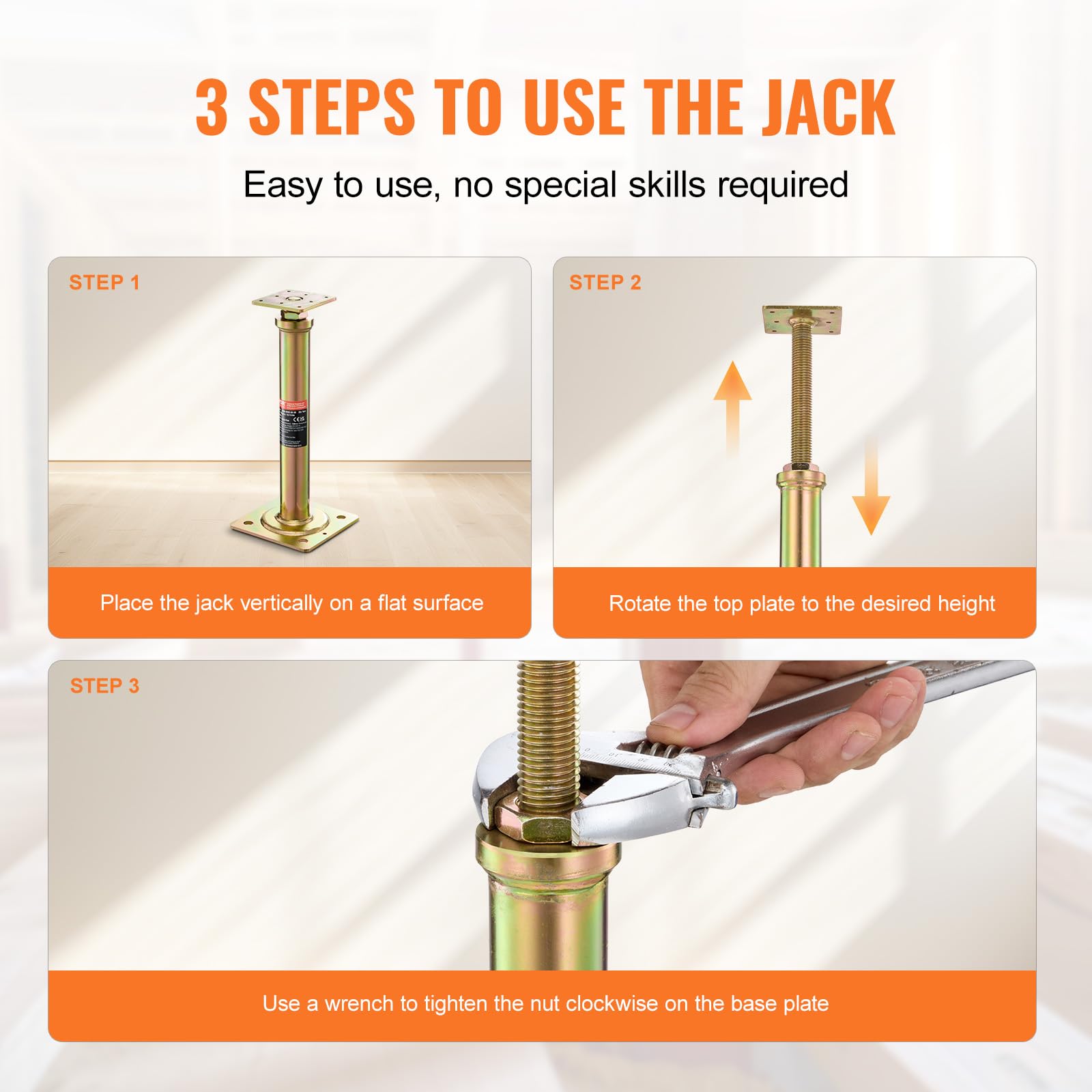 VEVOR jack holding floor joist during repair for safer leveling
