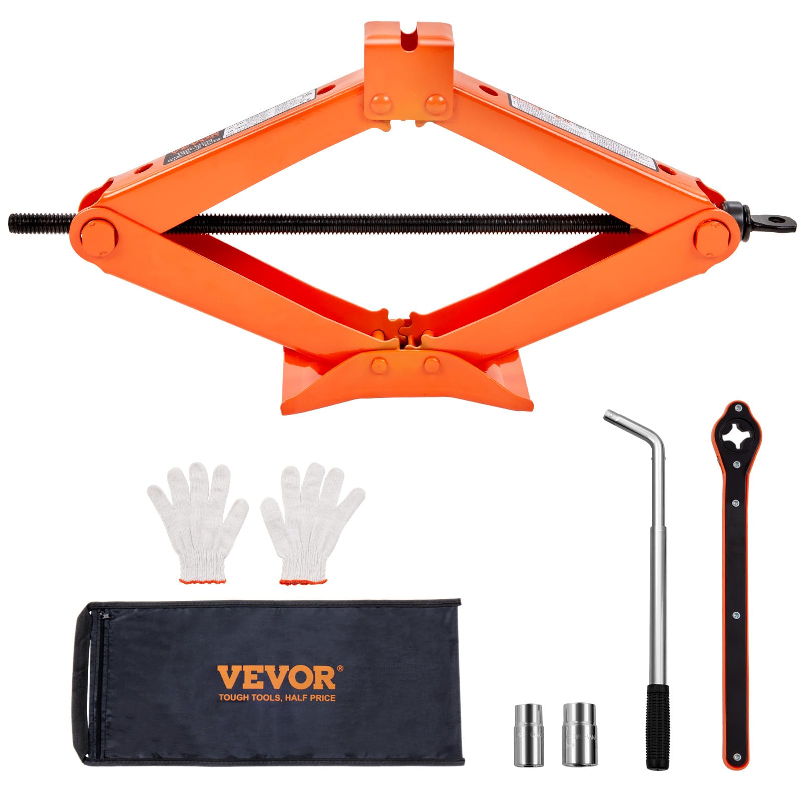 VEVOR scissor jack under vehicle in use showing practical tire change