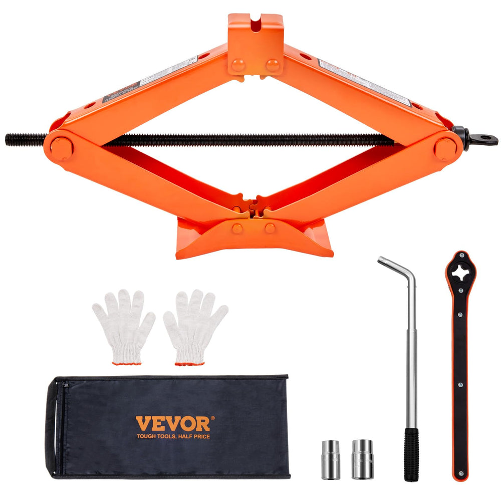 VEVOR scissor jack under vehicle in use showing practical tire change