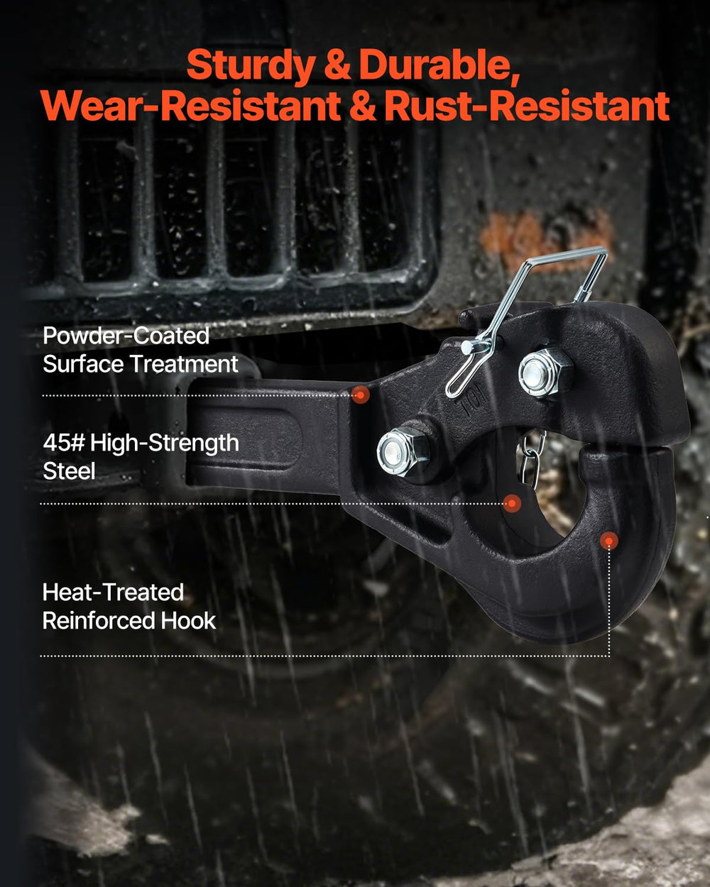 VEVOR pintle hook side profile highlighting 15.6-inch length for proper clearance