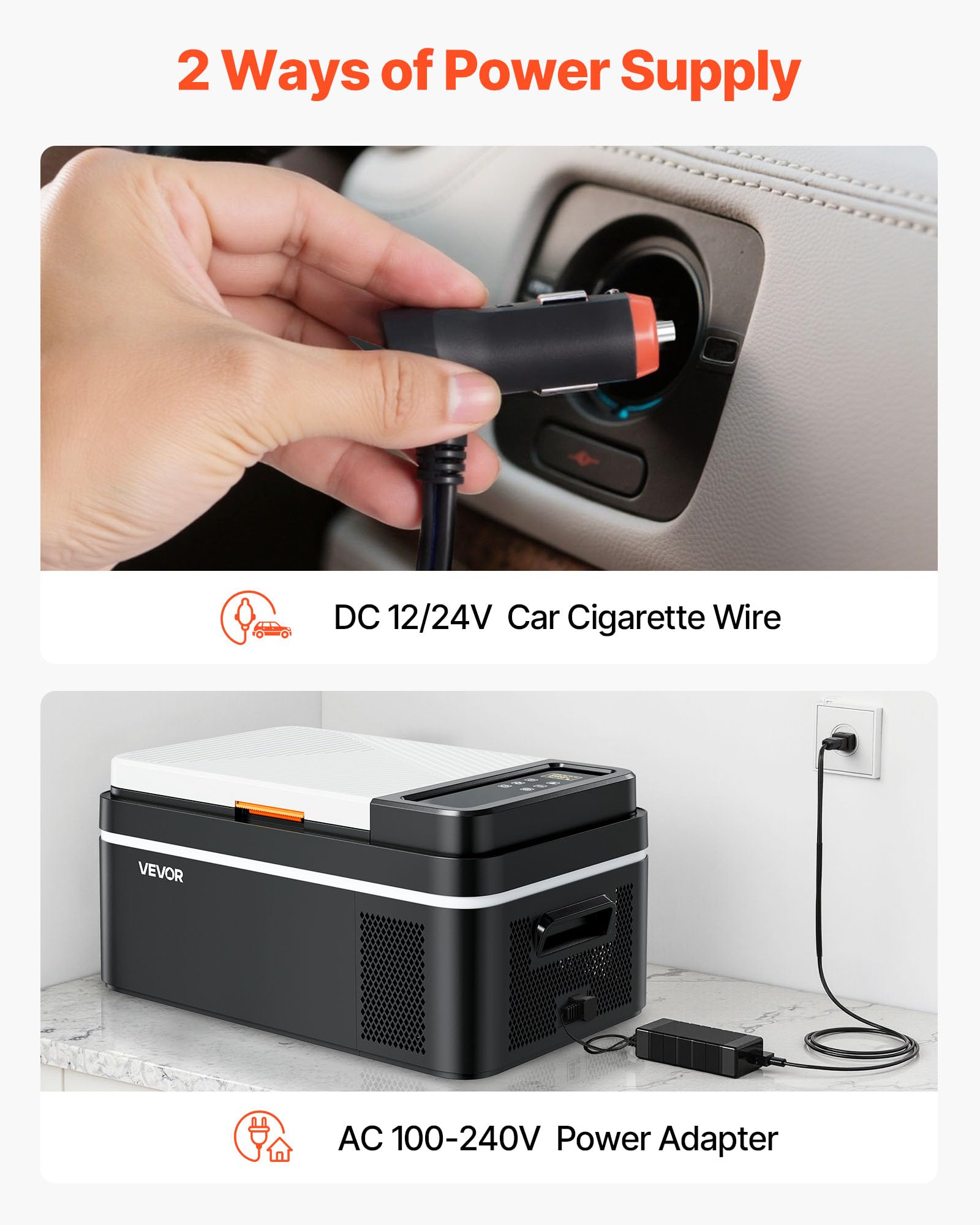 VEVOR power cables and AC/DC plugs showing versatile connection options