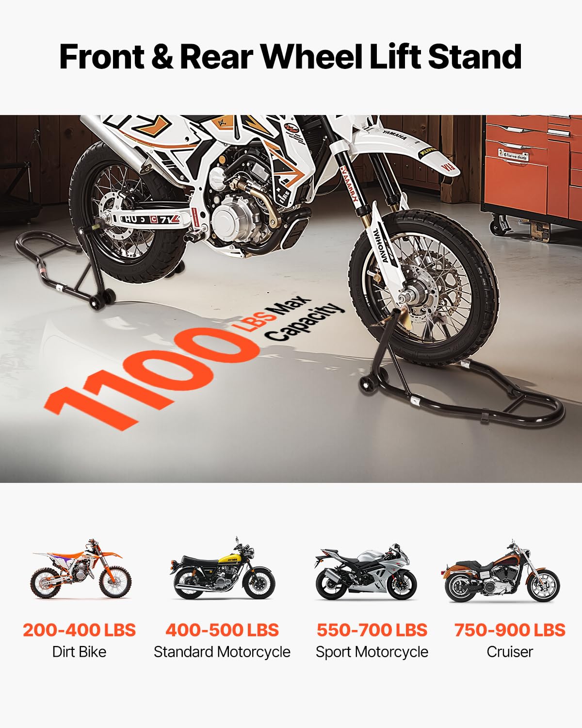 VEVOR rear stand U-shaped fork close-up protecting swingarm and ensuring stability