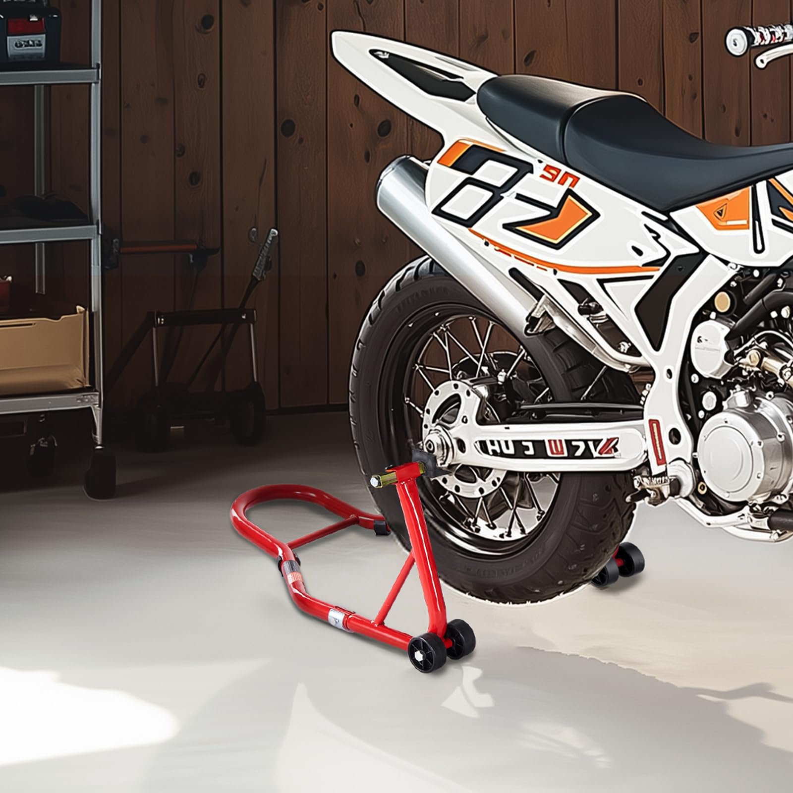 VEVOR width adjustment being measured to fit swingarm spacing for precise installation