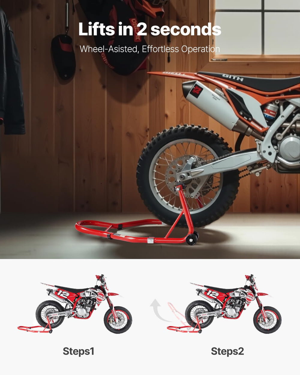 VEVOR stand supporting a motorcycle rear wheel during maintenance for stable service access