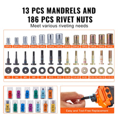 VEVOR mandrels and 186 rivet nuts arranged for easy size selection and organized work