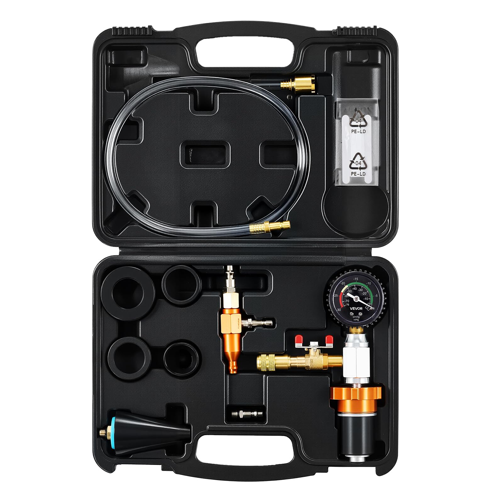 VEVOR size comparison with hand illustrating portable, easy-to-handle refill kit
