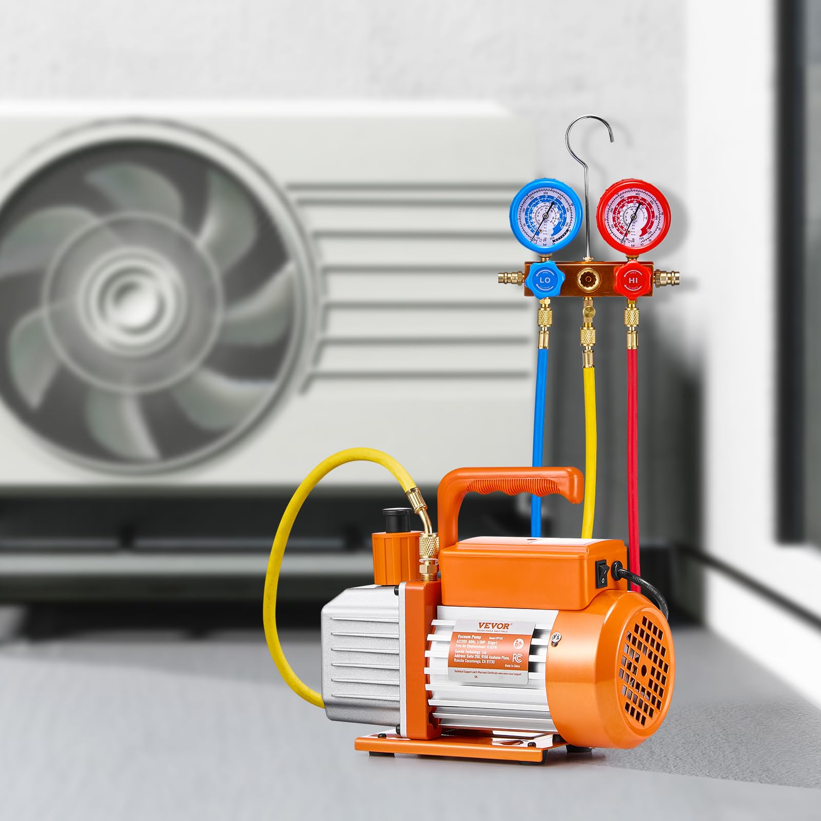 VEVOR pump beside ruler showing compact size and easy storage benefit