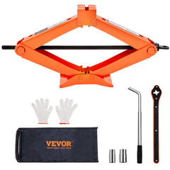 VEVOR scissor jack front view showing compact design and fast setup