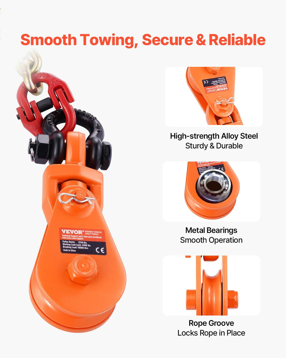 VEVOR side-open pulley access illustrating easy rope threading and quick inspection