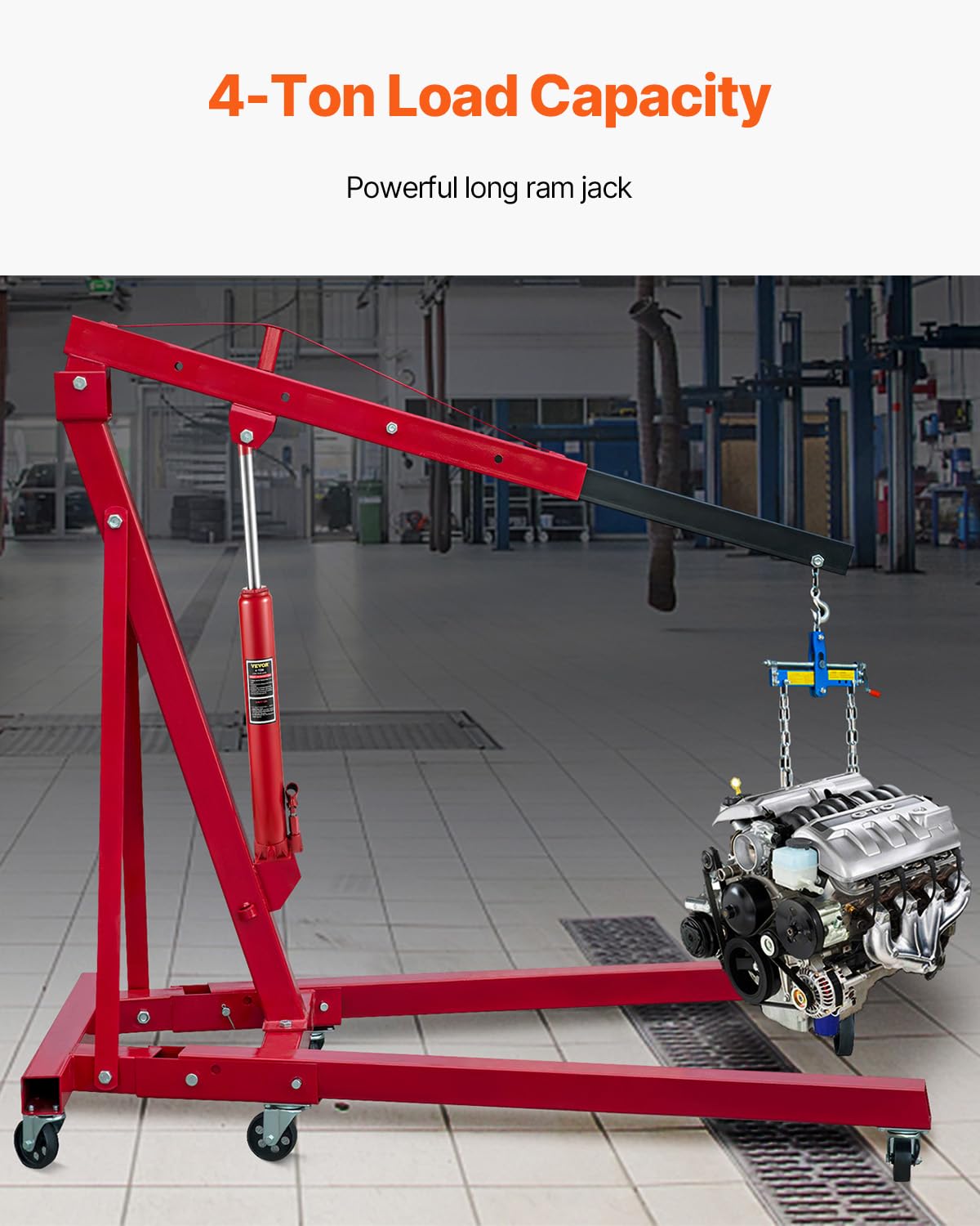 VEVOR side profile with extended stroke showing lift range and stability benefit