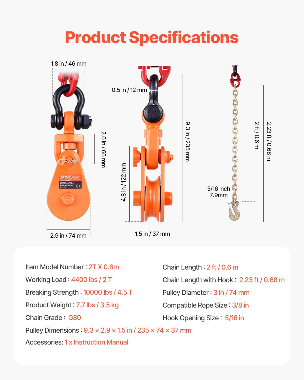 VEVOR size comparison beside a hand showing scale for portable towing use