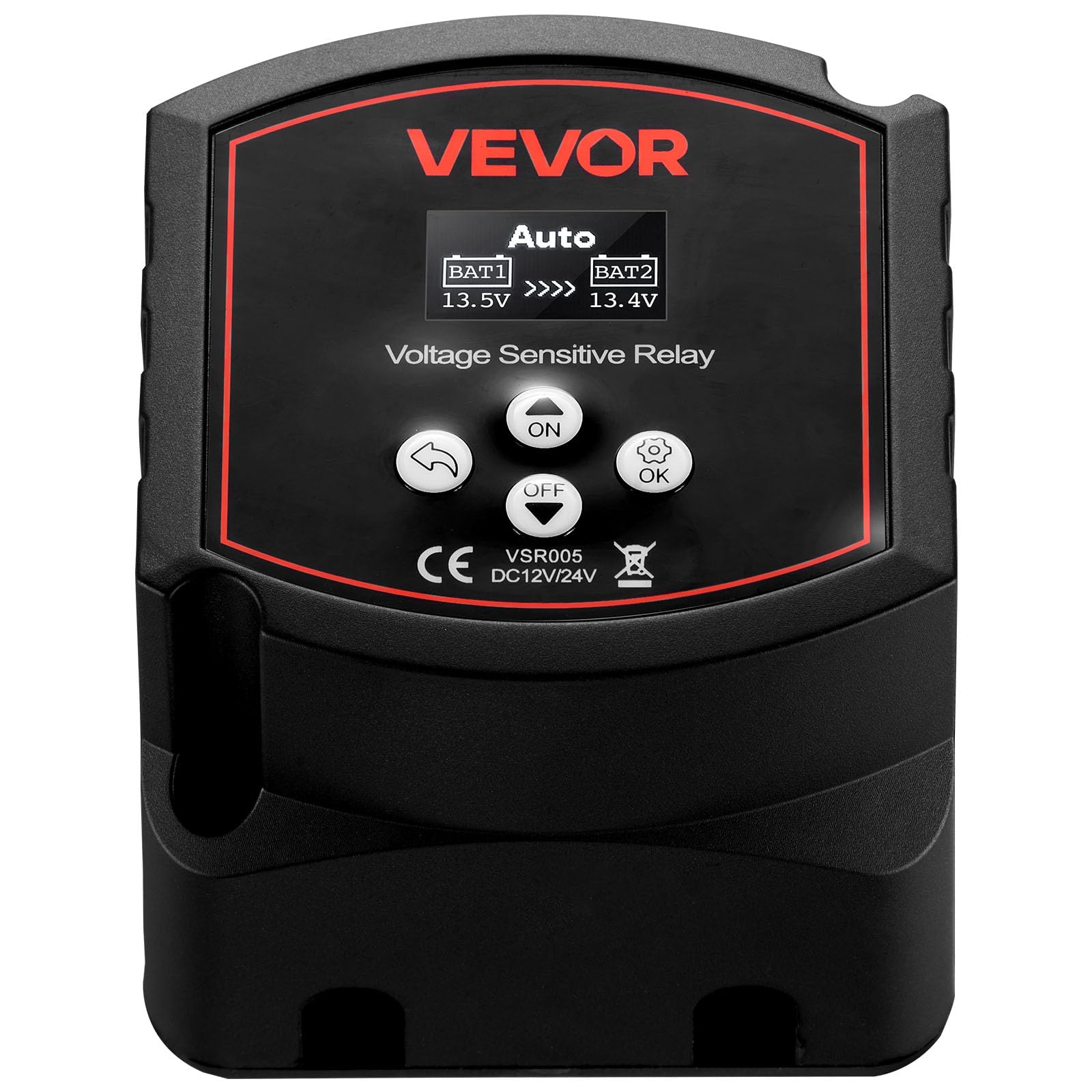 VEVOR isolator next to a battery for scale to show compact footprint and space savings