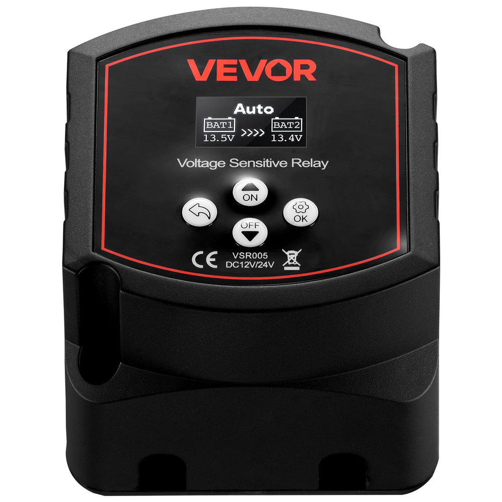 VEVOR isolator next to a battery for scale to show compact footprint and space savings