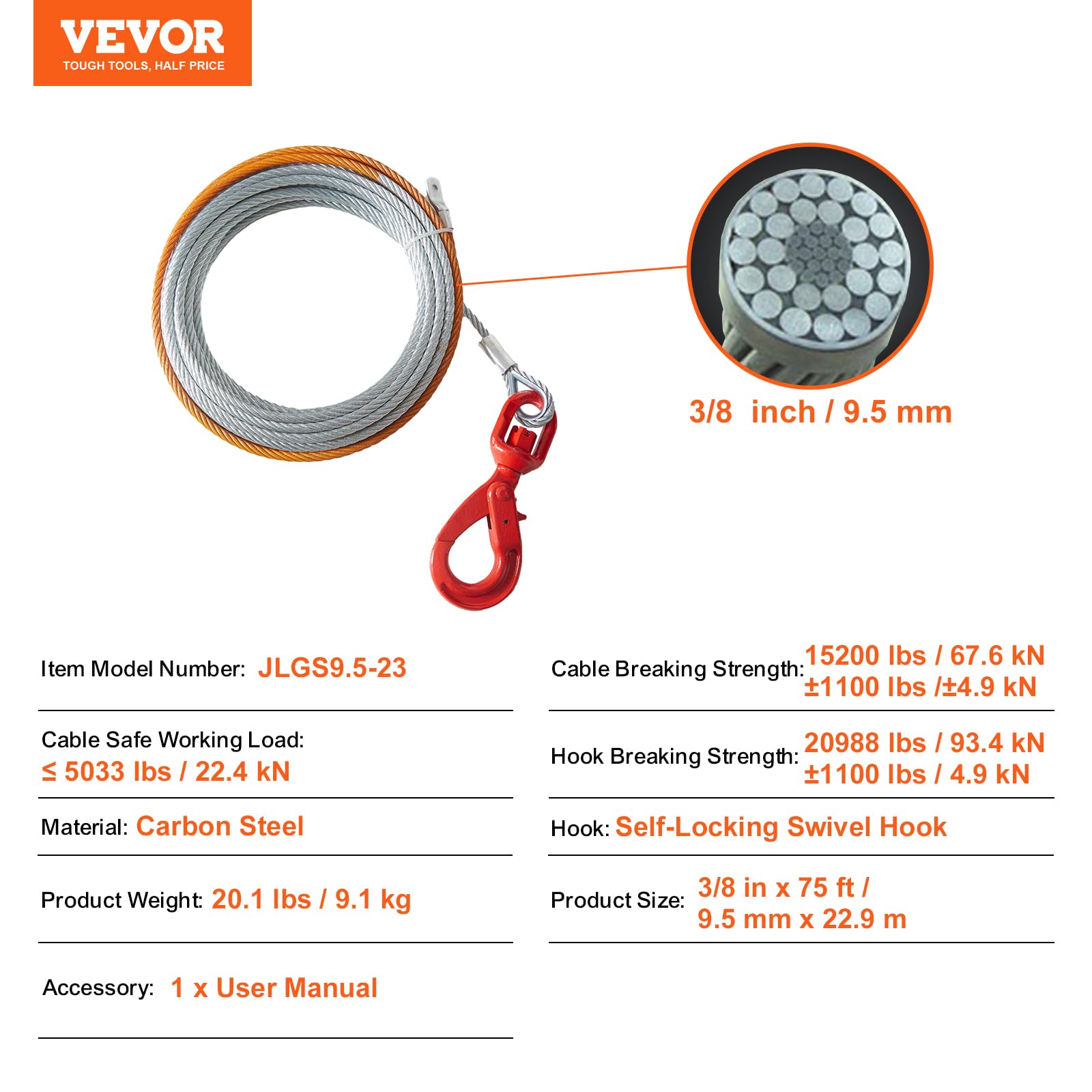 VEVOR cable beside ruler showing 3/8 inch diameter sizing benefit