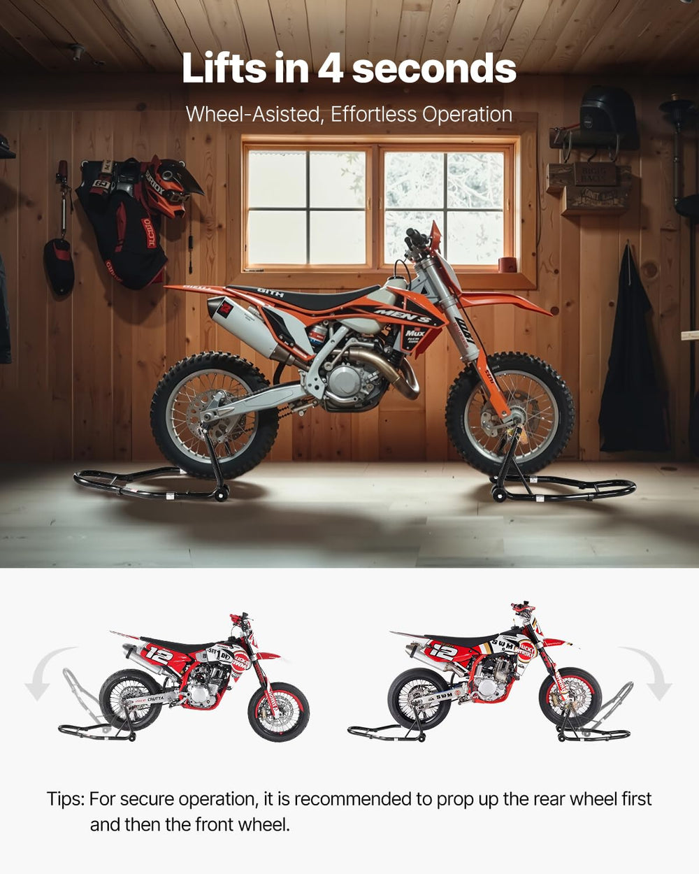 VEVOR stands holding a motorcycle side view for stable service and cleaning benefit