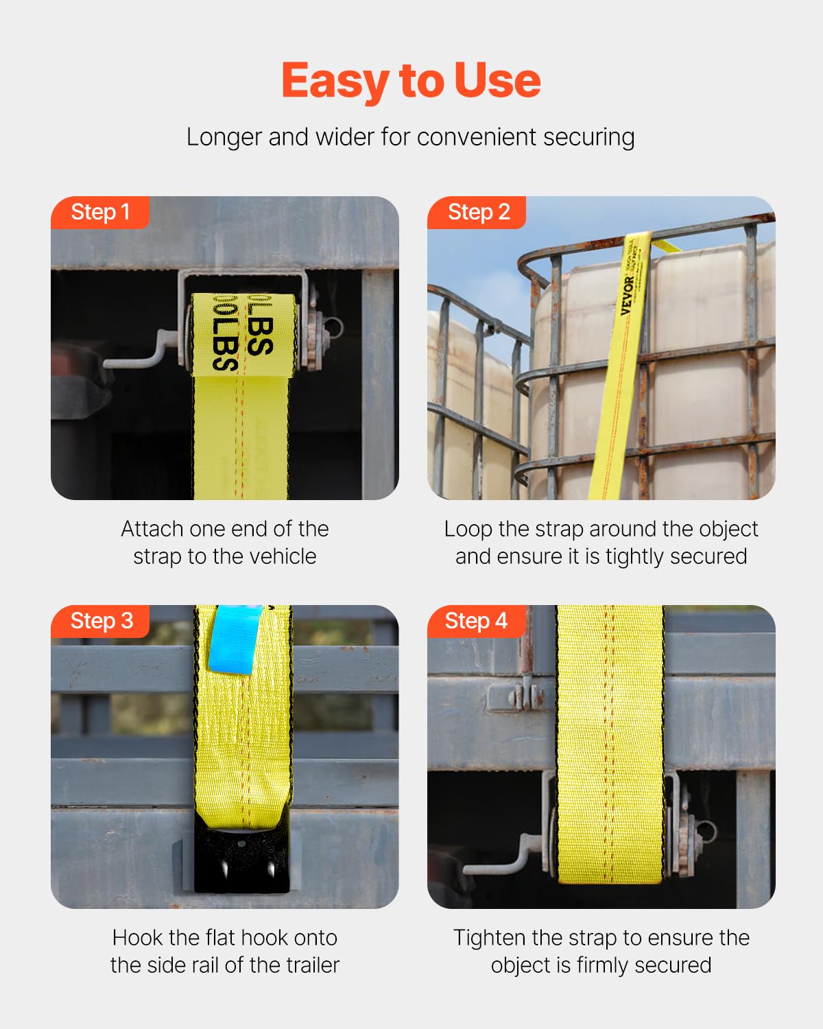 VEVOR straps fastened on a flatbed trailer providing stable cargo retention