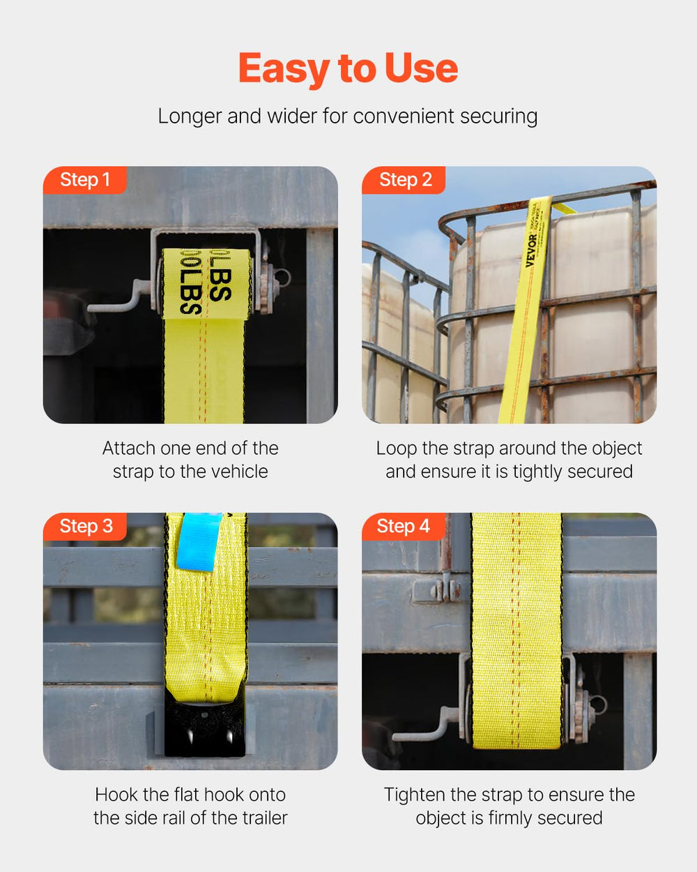 VEVOR straps fastened on a flatbed trailer providing stable cargo retention