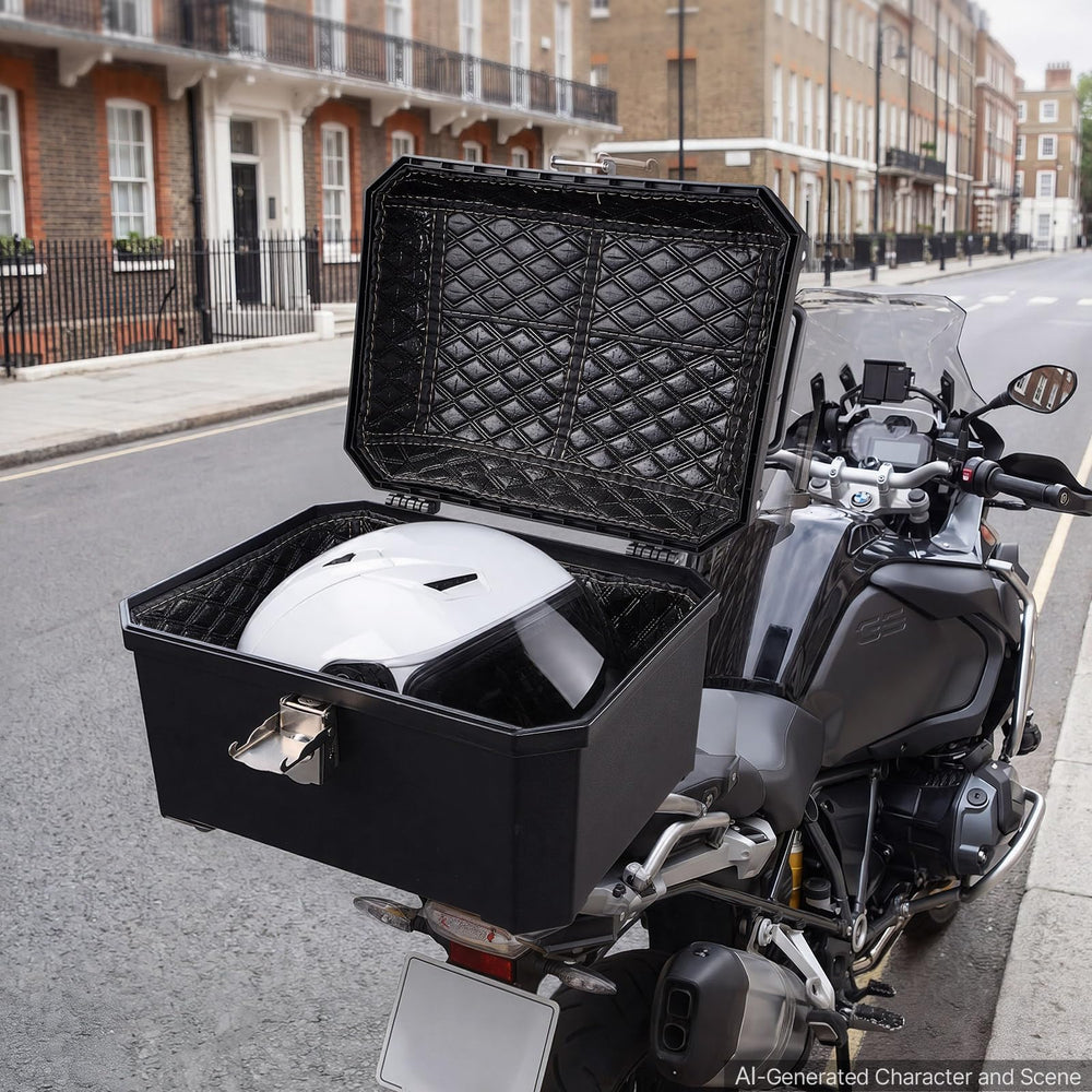 VEVOR top case mounted on motorcycle illustrating practical in-ride use