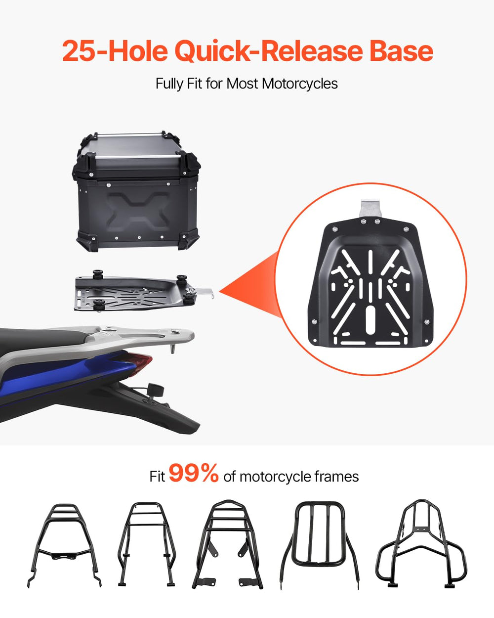 VEVOR top case mounted on motorcycle showing universal compatibility and fit