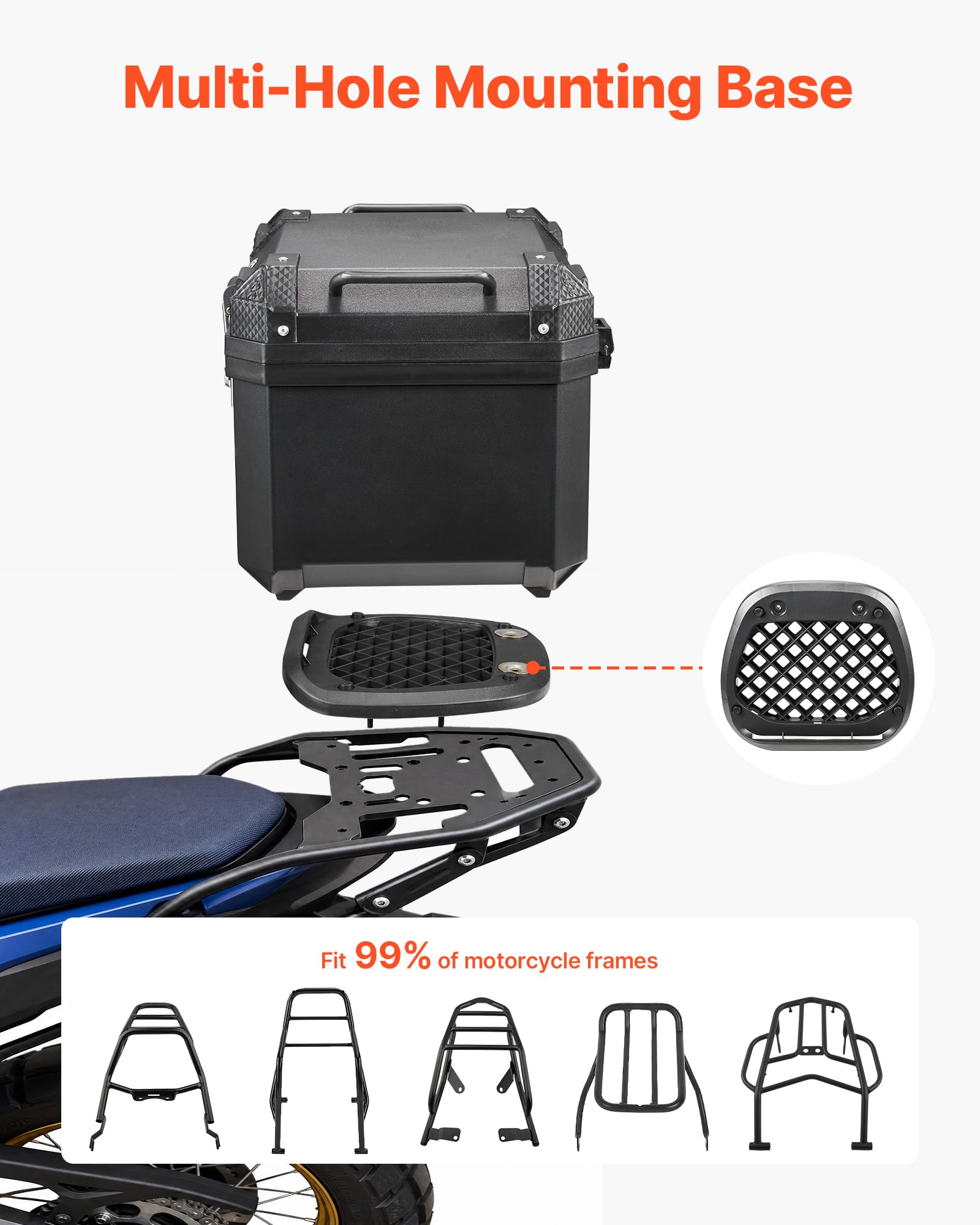 VEVOR multi-hole mounting base showing universal fit stability on racks