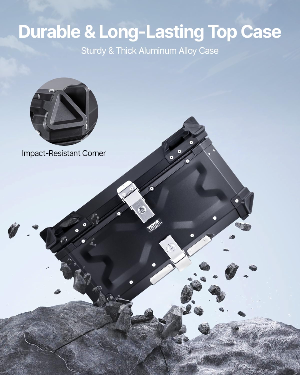 VEVOR top case open view with leather lining protecting packed gear